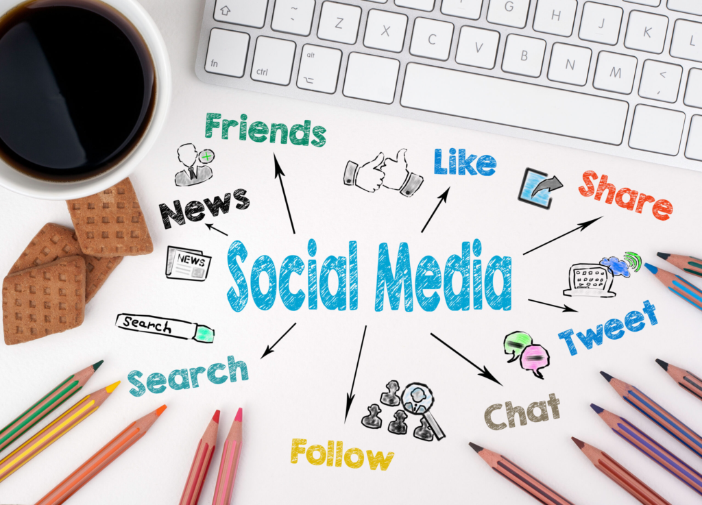 Social Media, Business concept. White office desk